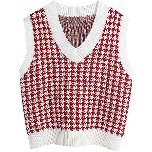 BE-Houndstooth-mønster strikket sweatervest for kvinder, ærmeløs, løs V-hals 90'er-vest Pullover strikket top red XL