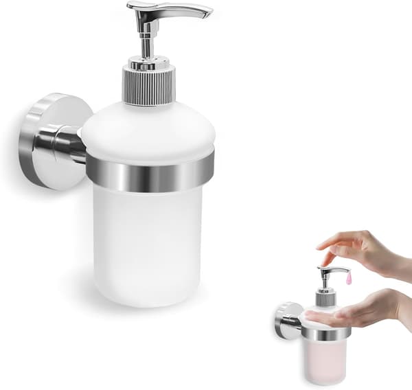 Tvåldispenser i glas med kromställ för badrum