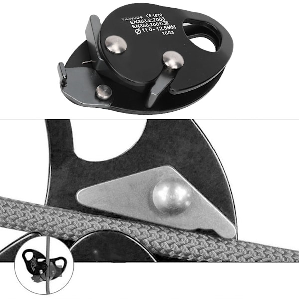 Självbromsande Stop Descender Clamp Grab Räddningsring Klättringsutrustning för 11-12,5 mm Rep (svart)