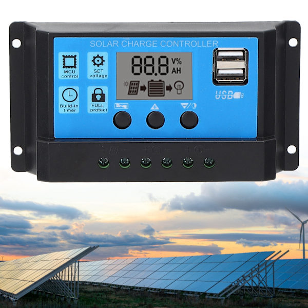 Solcellsladdningsregulator LCD Dubbel USB PWM Cell Panel Regulator med Automatisk Lastidentifiering 12V 24V40A