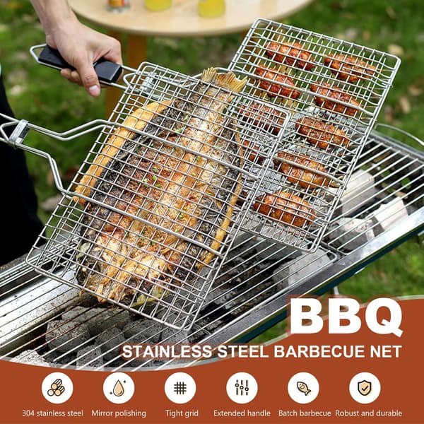 Fiskestegningskurv, BBQ-kurv i rustfrit stål, foldbar, bærbar, BBQ-kurv i rustfrit stål tilbehør