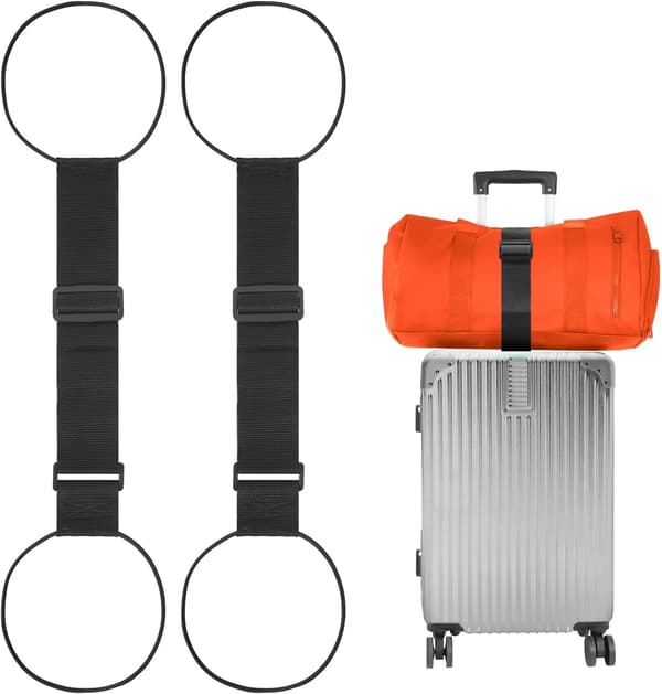 DRealm Add a Bag-bagagestropper 2-pak, justerbart elastisk bælte til at forbinde to kufferter, sikkert håndbagage og rejseudstyr (sort) Sort
