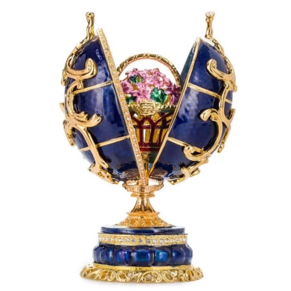 danila-souvenirs Ägg à la Fabergé - speldosa Vårblommor med korg 16,5 cm, blå