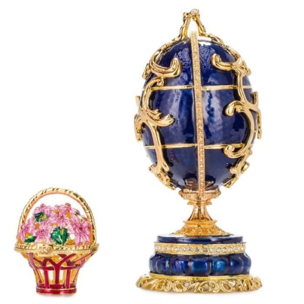 danila-souvenirs Ägg à la Fabergé - speldosa Vårblommor med korg 16,5 cm, blå