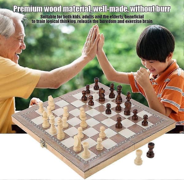 3-i-1 Brädspel Schack, Dam och Backgammon i Trä Heilwiyammon Bärbart Schackbräde