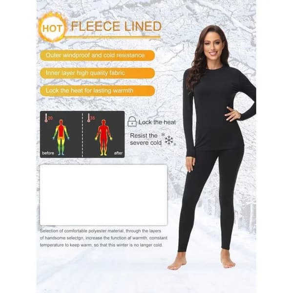 Termoundertøjssæt til kvinder, sort, langærmet body og varme bukser, basislag til vinterski