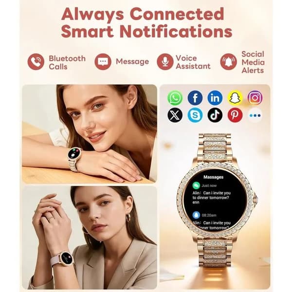 Dame Smartwatch med Diamant, 1.32\" Rosaguld, Pulsmåler Søvnmonitor, Menstruationscyklus Tracker