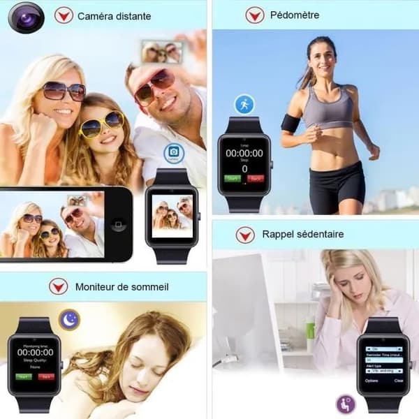 Smartwatch med Bluetooth, Kort, Kamera, Søvntracker, Kalorietæller, Børn Voksne, Silikonerem