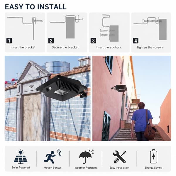 Solar vegglampe med bevegelsessensor, IP65, flat LED, 158lm, 1200mAh batteri