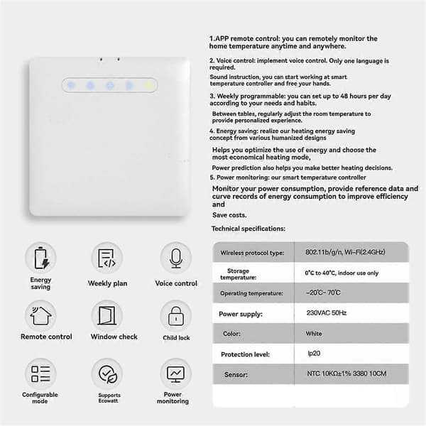 Smart Termostat, Stöder, Fjärrkontroll Via App, Kompatibel med Alexa & Home Wifi White