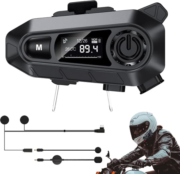Musta Bluetooth-kypäräkuuloke älynäytöllä