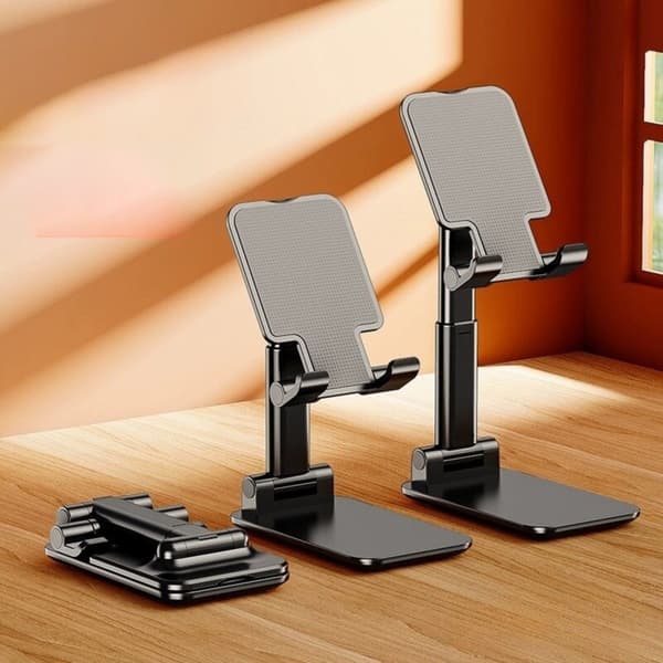 Justerbar Teleskopisk Telefon Tablet Stand, Sammenfoldelig Multi-Vinkel Skridsikker Bærbar, Sort