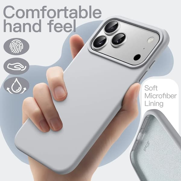 Flytende silikon grått telefondeksel til iPhone 17 Pro Max 6,9-tommer, støtsikkert anti-fingeravtrykk silikon PC-deksel