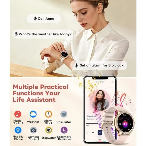 Dame Smartwatch med Diamant, 1.32\" Rosaguld, Pulsmåler Søvnmonitor, Menstruationscyklus Tracker