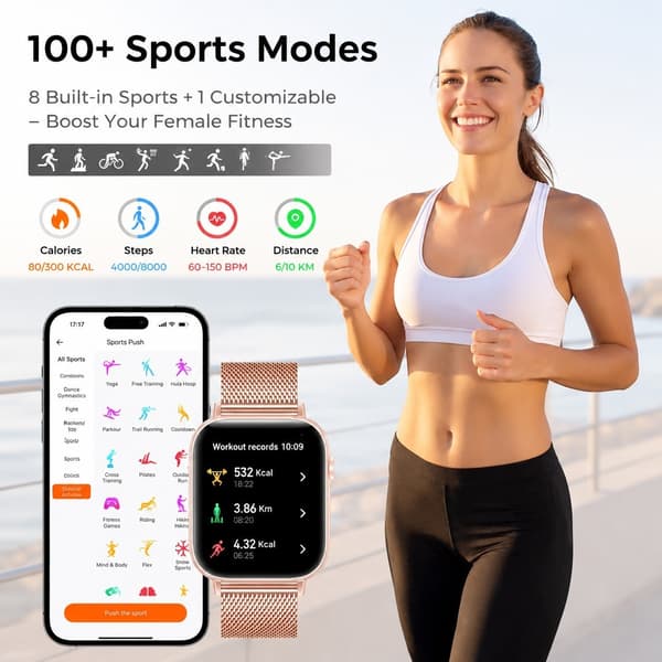 Smartklokke for kvinner 1,83\" Bluetooth-samtaler, 110+ sportssporing, hjertefrekvens SpO2 søvnmonitor, iOS Android