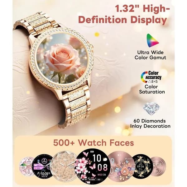 Dame Smartwatch med Diamant, 1.32\" Rosaguld, Pulsmåler Søvnmonitor, Menstruationscyklus Tracker