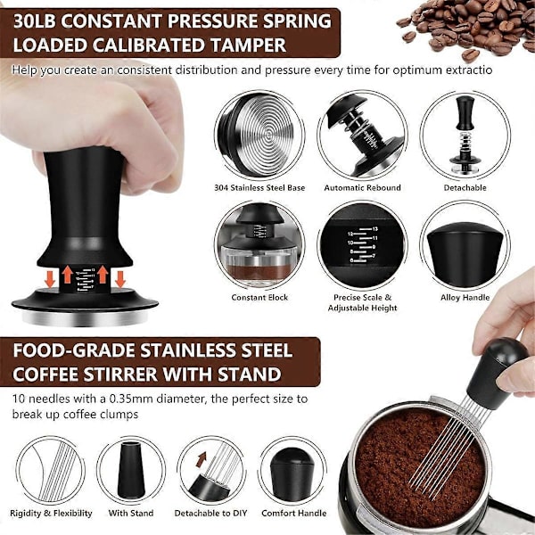 10-delt espressokaffe tilbehørssæt, 58 mm espressokaffe tamper sæt, Aquaforge