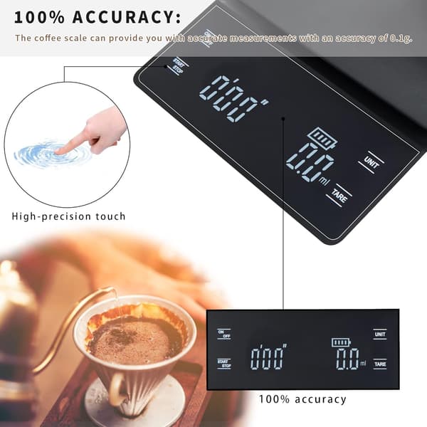 3 kg digital köksvåg, 0,1 g precision. LCD-display, touchknappar, timer & enhetskonvertering. Perfekt för kaffe, bakning, grillning och daglig köksanvändning.
