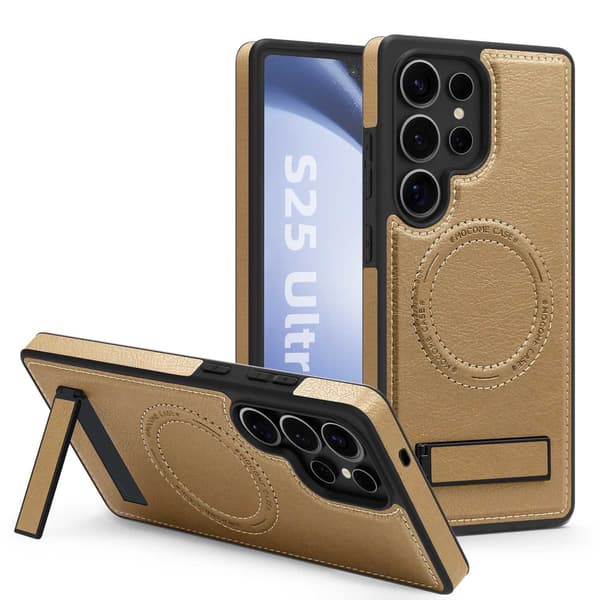 Läderfodral för Samsung Galaxy S25 Ultra, öken-guld, med stativ