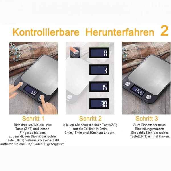 Genopladelig Digital Køkkenvægt 5kg/0.1g, Rustfrit Stål, LCD-Display
