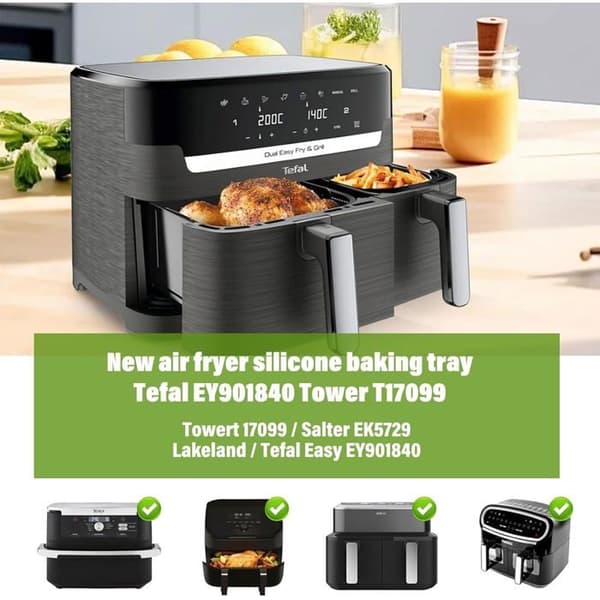 Sæt med 2 sorte silikone airfryer-indsatser, kompatible med Tefal EY901840 og andre modeller