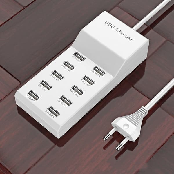 10-portars USB-multiladdare 5V2A 10A med EU-kontakt vit Ceramic White EU Plug