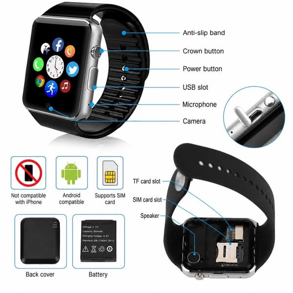 Smartwatch med Bluetooth, Kort, Kamera, Søvntracker, Kalorietæller, Børn Voksne, Silikonerem