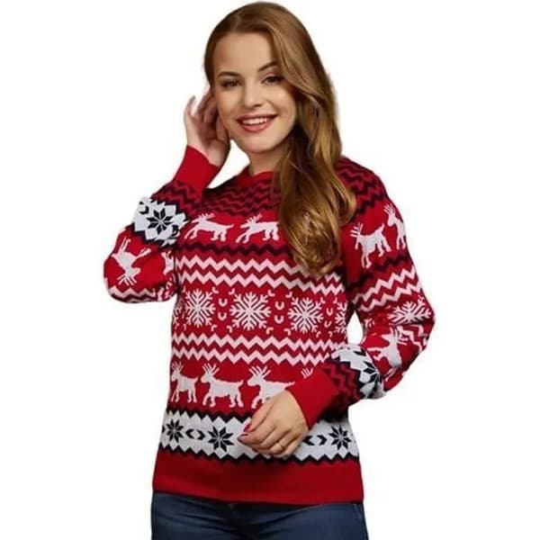 Dame julesweater, elgprint, langærmet rundhalset pullover, blød striktop, festlig vinter
