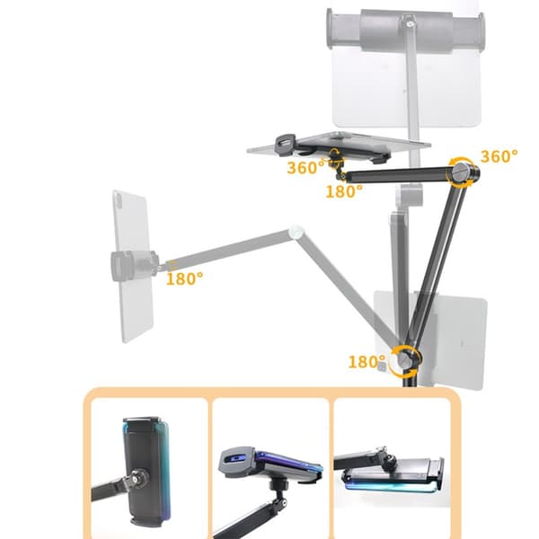 Dobbelt justerbar arm gulvstativ til tablet og telefon, 4,6-12,9\", kraftig, sort