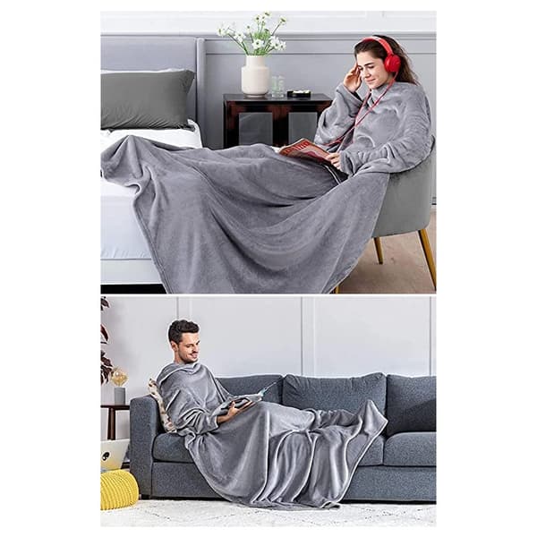Bærbart teppe med ermer, grått, 180x140 cm, mykt og luftig polyester, koselig for sofaen