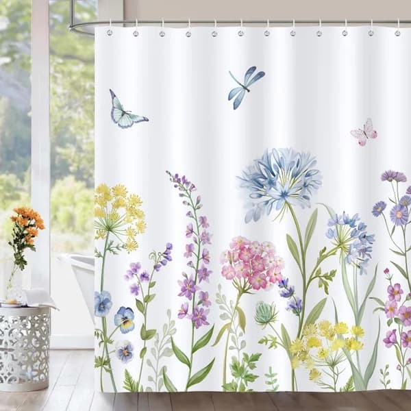 Blommig Fjäril Duschdraperi 183x183cm, Vattentät Polyester, Badrumsinredning