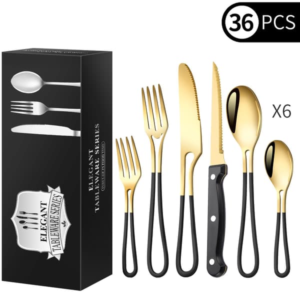 36-delars bestickset i rostfritt stål, ihålig design, för middagar black gold