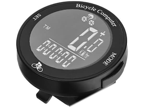 Rund trådløs cykelcomputer, sort baggrund med hvid tekstvisning-Dugt
