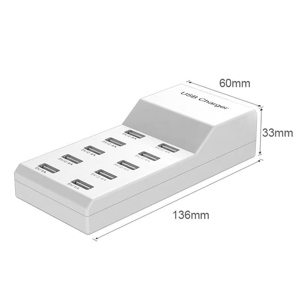 10-portars USB-multiladdare 5V2A 10A med EU-kontakt vit Ceramic White EU Plug