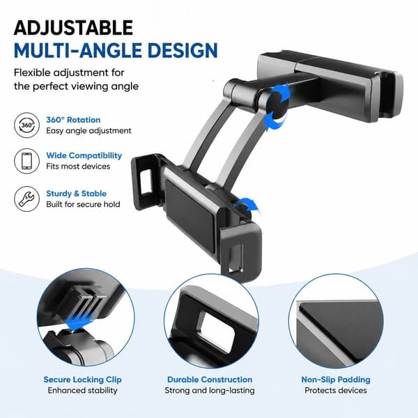 Universal Bil Nakkestøtte Tablet Holder, Justerbar, Sort, til Telefoner & Tablets