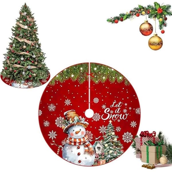 120 cm röd julgransmatta, snöflinge- och snögubbedesign, rund julgransfot