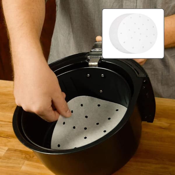 Perforeret bagepapir til airfryer, 9-tommer rundt perforet bagepapir til airfryere, dampkurv