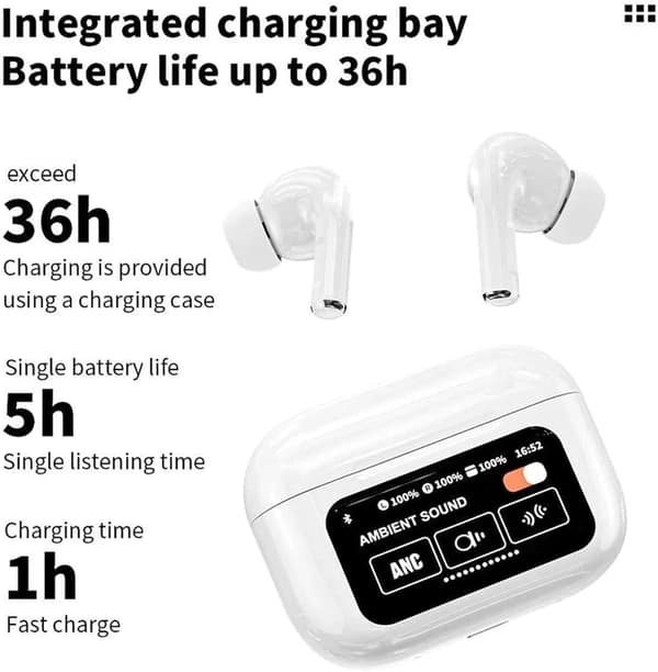 Hvite trådløse ørepropper med støydemping og USB-lading