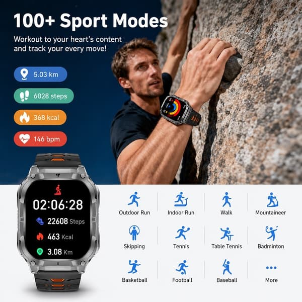 Smartwatch i militærstil til mænd, 2,0\" HD-skærm, Bluetooth-opkald, Android/iOS, Sort/Stål