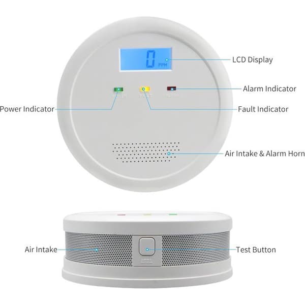 Bärbart kolmonoxidlarm med digital LCD-display, batteri ingår ej