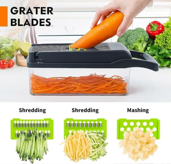 Multifunksjonell grønnsakskutter, 16 i 1 matkutter med 8 rustfrie stålblader, slicer og terningkutter for løk og gulrøtter, grå