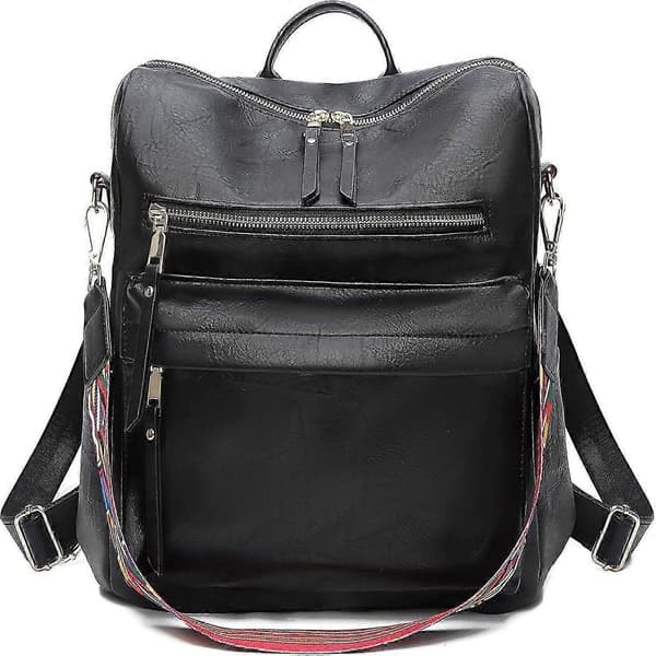 Vintage PU læder rygsæk til kvinder, Sort, 32x14x34cm -HK908