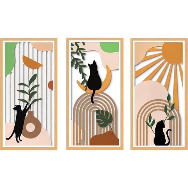 3-delt Boho-Chic Trævægskulptursæt med Katte, Vaser, Tropiske Blade, Sol og Måne