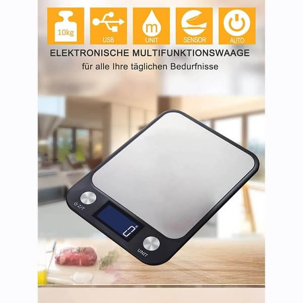 Genopladelig Digital Køkkenvægt 5kg/0.1g, Rustfrit Stål, LCD-Display