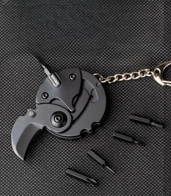 Kompakt foldekniv, sort, 4,2 cm, rustfrit stål, multifunktionel skruetrækker, EDC