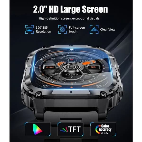 Smartwatch i militærstil til mænd, 2,0\" HD-skærm, Bluetooth-opkald, Android/iOS, Sort/Stål