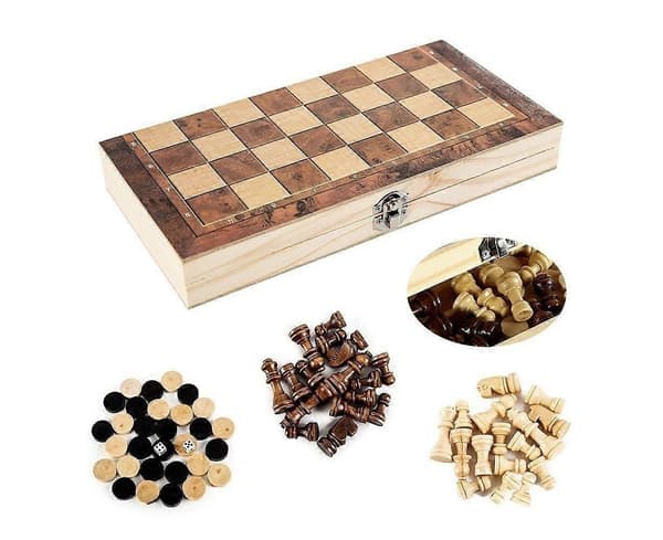 3 i 1 Schack Backgammon Damspel Set Trä Schackbräde Spel