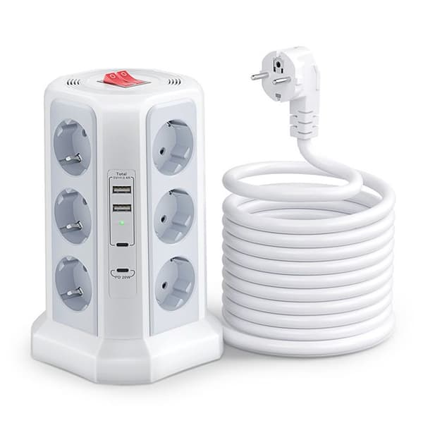 Strømuttakstårn med 12 stikkontakter, 2 USB-A- og 2 USB-C-porter, bryter og 1,5 m kabel, hvit