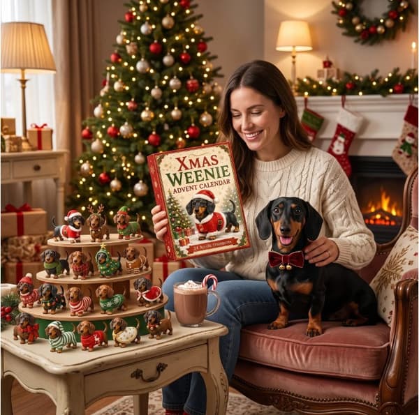 Dachshund Julekalender 2026, Nedtelling til Jul Hundegave, Skrivebordsdekorasjon
