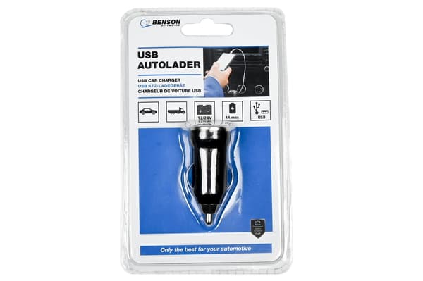 USB Biloplader 1A 12-24V, Sort, Cigarettænder til USB-port til Telefon Tablet